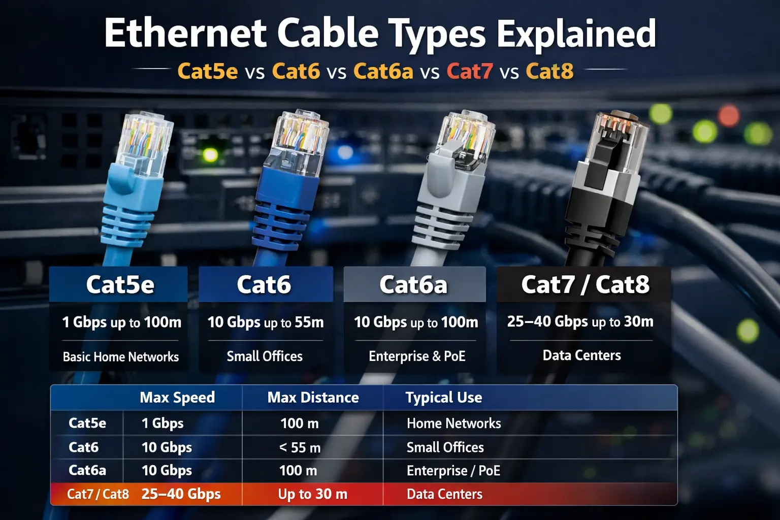Ethernet Cable Types Explained: Cat5e vs Cat6 vs Cat7 vs Cat8